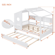 Full Size Wooden House Bed with Trundle & Storage Shelves – Kids Playhouse Bed Frame with Solid Pine Structure