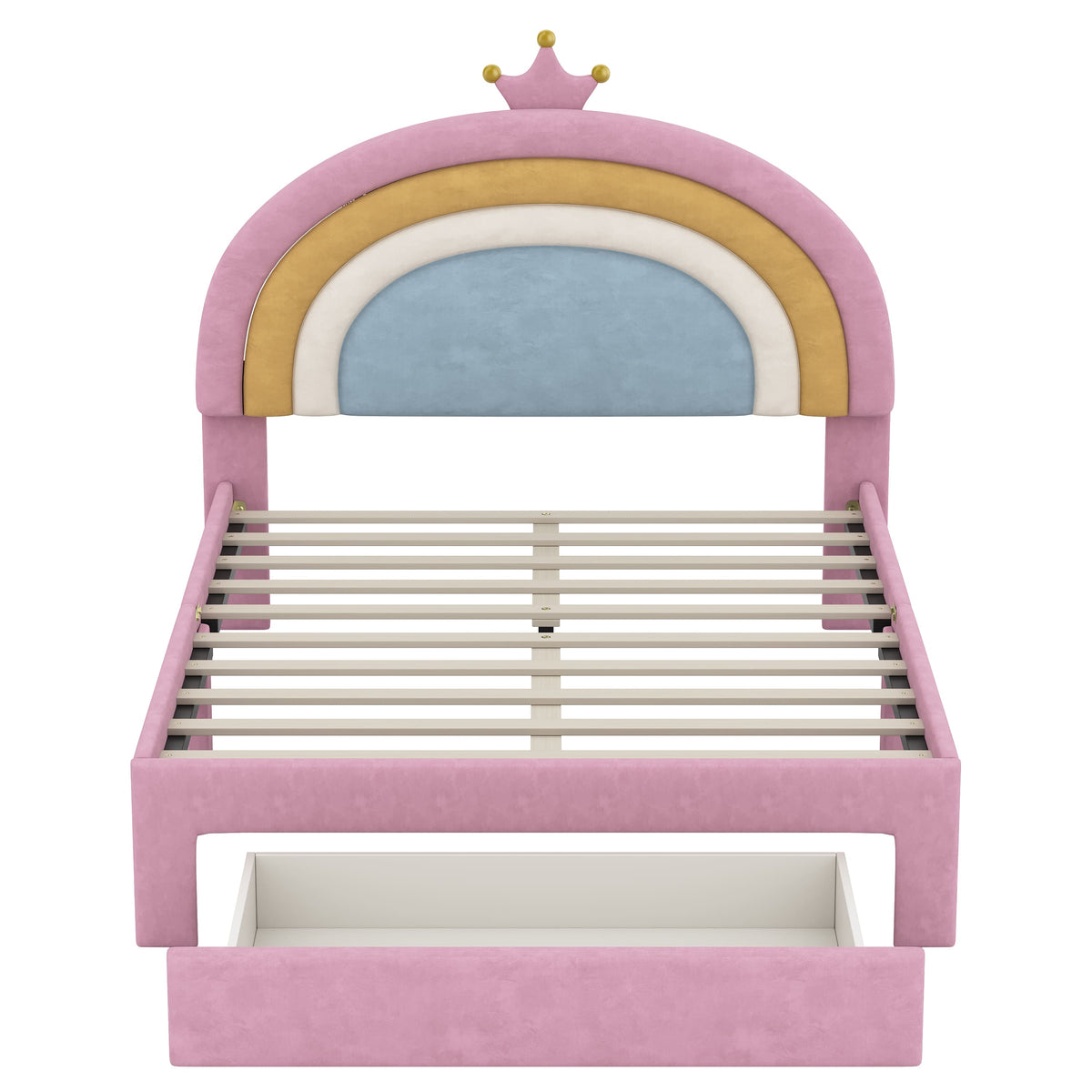 close up soft vibrant rainbow design velvet upholstered headboard for kids