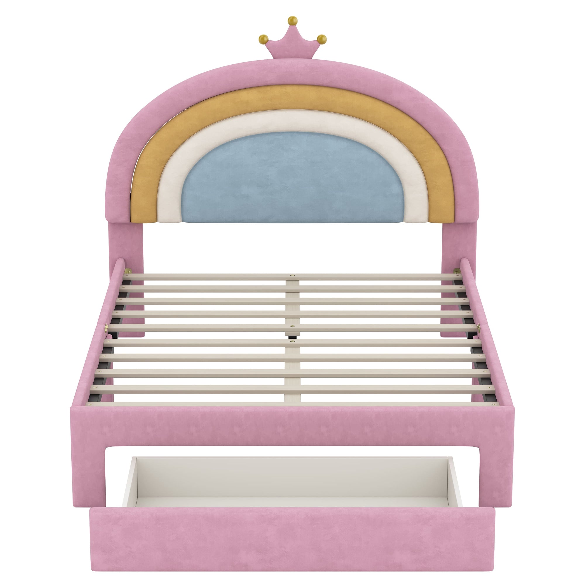 close up soft vibrant rainbow design velvet upholstered headboard for kids