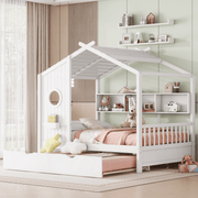 Full Size Wooden House Bed with Trundle & Storage Shelves – Kids Playhouse Bed Frame with Solid Pine Structure