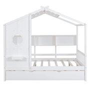 Full Size Wooden House Bed with Trundle & Storage Shelves – Kids Playhouse Bed Frame with Solid Pine Structure