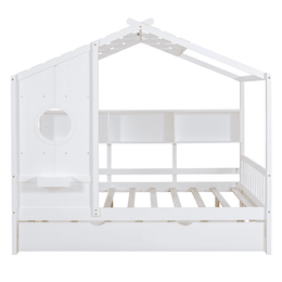 Full Size Wooden House Bed with Trundle & Storage Shelves – Kids Playhouse Bed Frame with Solid Pine Structure