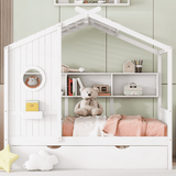 Full Size Wooden House Bed with Trundle & Storage Shelves – Kids Playhouse Bed Frame with Solid Pine Structure