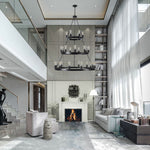 Symmetrical 27-light E26 socket layout on a triple-layer rustic wagon wheel chandelier