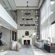 Symmetrical 27-light E26 socket layout on a triple-layer rustic wagon wheel chandelier