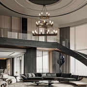 Extra large farmhouse pendant light installed in a high-ceiling grand foyer