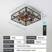 Dimension diagram showing 17.70 inch width and 6.10 inch low profile height clearance for a square ceiling fan.