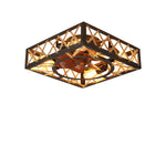 ZEUSFULLY 18 inch square caged ceiling fan with light in a matte black rustic iron framework.
