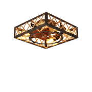 ZEUSFULLY 18 inch square caged ceiling fan with light in a matte black rustic iron framework.