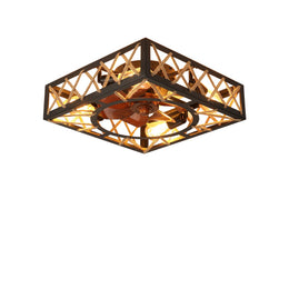 ZEUSFULLY 18 inch square caged ceiling fan with light in a matte black rustic iron framework.