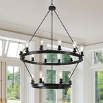 Large 2-Tier Circular Chandelier – Retro Ironwork Wagon Wheel Light Fixture