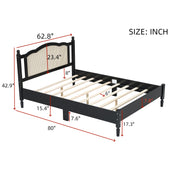 Queen Wooden Platform Bed with Natural Rattan Headboard