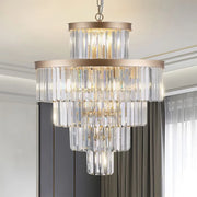 Close up of premium K9 crystal prisms on a 15-light gold chandelier