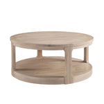 Front perspective view of a ZEUSFULLY 40 inch 2 tier round wooden coffee table in distressed brown oak finish showcasing its solid pine wood legs and lower shelf