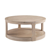 Front perspective view of a ZEUSFULLY 40 inch 2 tier round wooden coffee table in distressed brown oak finish showcasing its solid pine wood legs and lower shelf
