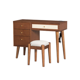ZEUSFULLY 39 inch boho walnut wood makeup vanity table with a smooth natural rattan drawer panel and beige linen stool.