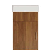 ZEUSFULLY 16.5 inch floating bathroom vanity with integrated white ceramic basin and walnut patterned door.