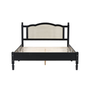 Queen Wooden Platform Bed with Natural Rattan Headboard