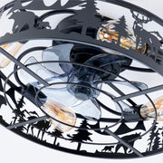 Underneath view of a 20 inch rustic caged ceiling fan with spinning smoke-grey blades and glowing vintage bulbs