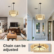 Demonstrating the adjustable chain of the boho drum chandelier fitting a low-ceiling living room at 5.91 inches and high foyer entryway at 47.24 inches.