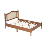 full size wooden platform bed frame with natural rattan headboard in walnut