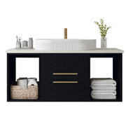 Interior view of floating bathroom cabinet showing soft close drawer sliders and 80cm adjustable flexible drainage pipe installation.