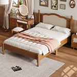 vintage minimalist walnut wooden full bed frame styled in modern boho room