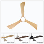 Natural grain texture on handcrafted solid sycamore wood blades of a 3 blade contemporary ceiling fan.