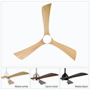 Natural grain texture on handcrafted solid sycamore wood blades of a 3 blade contemporary ceiling fan.