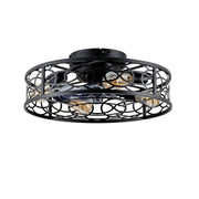Front view of an unlit 20 inch vintage flush mount ceiling fan featuring a matte black geometric circle iron mesh guard and clear smoke-grey blades