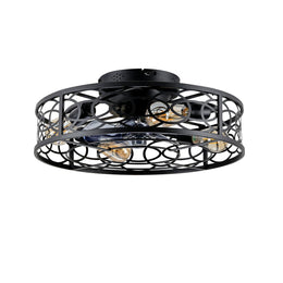 Front view of an unlit 20 inch vintage flush mount ceiling fan featuring a matte black geometric circle iron mesh guard and clear smoke-grey blades