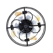 Direct underside view of a bladeless caged ceiling fan showcasing a central 7-blade translucent acrylic turbine surrounded by 4 symmetrically placed E26 sockets with amber bulbs