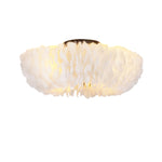 Front view of a ZEUSFULLY 20 inch feather-dressed caged ceiling fan with lights featuring an antique matte white iron frame and 4 E26 bulb sockets.