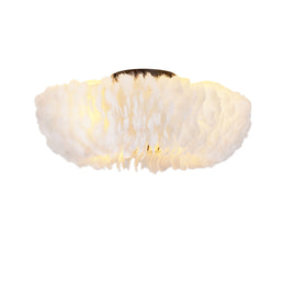 Front view of a ZEUSFULLY 20 inch feather-dressed caged ceiling fan with lights featuring an antique matte white iron frame and 4 E26 bulb sockets.