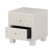 two spacious storage drawers with multi faceted crystal handle knobs on nightstand