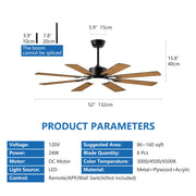 ZEUSFULLY 8-Blade Farmhouse Windmill Ceiling Fan with LED Light, 52