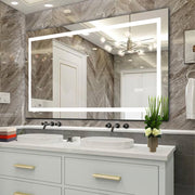ZEUSFULLY 60x32 inch large LED bathroom mirror frontlit and backlit dimmable lighted vanity mirror on modern tile wall.