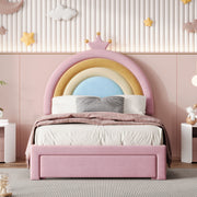Twin Size Upholstered Velvet Princess Bed with Rainbow Headboard and Storage Drawer