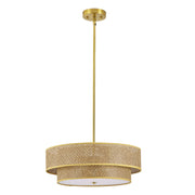 ZEUSFULLY 17.7 inch woven rattan pendant light chandelier with a brushed brass gold metal stem on white background.