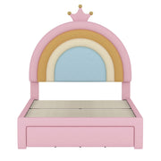 Twin Size Upholstered Velvet Princess Bed with Rainbow Headboard and Storage Drawer