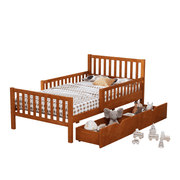 Twin Size Wood Platform Bed with Guardrails on Both Sides and Two Storage Drawers – Safe & Functional Kids Platform Bed Frame with Solid Wood Structure