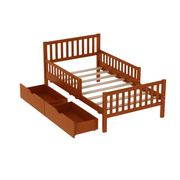 Twin Size Wood Platform Bed with Guardrails on Both Sides and Two Storage Drawers – Safe & Functional Kids Platform Bed Frame with Solid Wood Structure