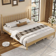King Size Wood Platform Bed with Gourd-Shaped Headboard, Solid Wood Frame & Noise-Free Slat Support (No Box Spring)