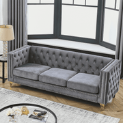Velvet Sofa 3-Seat, Button Tufted Chesterfield Couch with Metal Legs