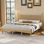 King Size Wood Platform Bed with Gourd-Shaped Headboard, Solid Wood Frame & Noise-Free Slat Support (No Box Spring)