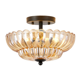 ZEUSFULLY floral glass semi flush mount ceiling light with matte black frame and textured glass shade