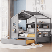 Full Size Wooden House Bed with Trundle & Storage Shelves – Kids Playhouse Bed Frame with Solid Pine Structure