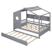 Full Size Wooden House Bed with Trundle & Storage Shelves – Kids Playhouse Bed Frame with Solid Pine Structure