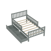 Twin Size Wood Platform Bed with Guardrails on Both Sides and Two Storage Drawers – Safe & Functional Kids Platform Bed Frame with Solid Wood Structure
