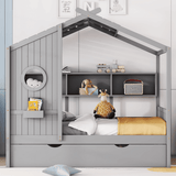 Full Size Wooden House Bed with Trundle & Storage Shelves – Kids Playhouse Bed Frame with Solid Pine Structure